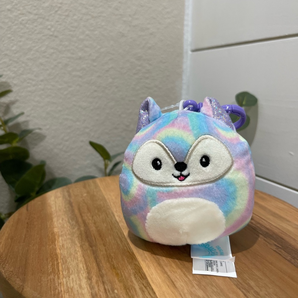 NWT squishmallows  “Felexine” pastel rainbow fox 3” squish clip on keychain